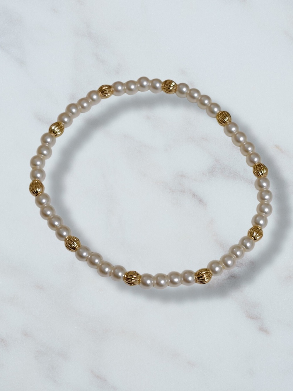 Hand Crafted Pearl and Gold Bead Stretch Bracelet